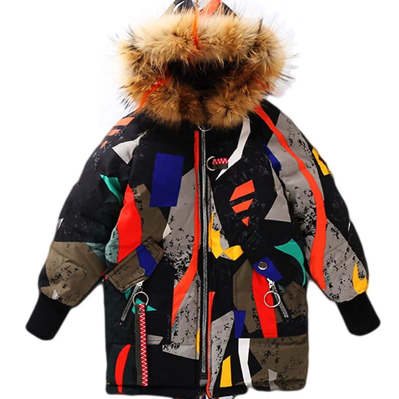 

2019 New Girl Clothing Long Padded Graffiti Jacket Winter Down Cotton Jacket Kids Warm Thicken Hooded Coats Teen Outwear Parka