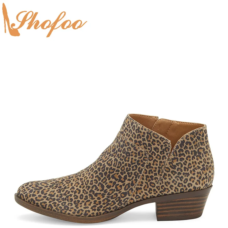 

Leopard Animal Prints Ankle Boots Med Chunky Heels Woman Round Toe Booties Zip Large Size 12 15 Ladies Fashion Sexy Shoes Shofoo
