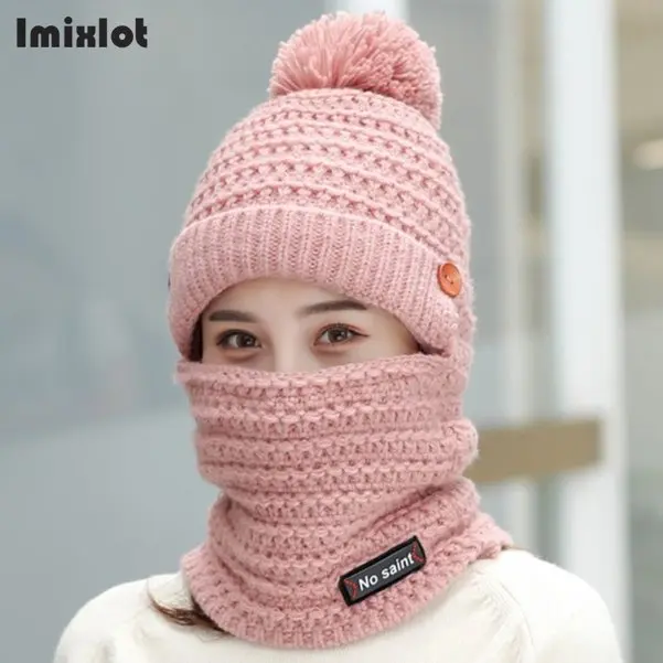 Pink Imixlot женская зимняя вязаная шапка, Толстая теплая вязаная шапка, шапка Skullies, уличная шапка для езды на снегу, мягкая шапка с помпоном, шапка бини - Цвет: Pink