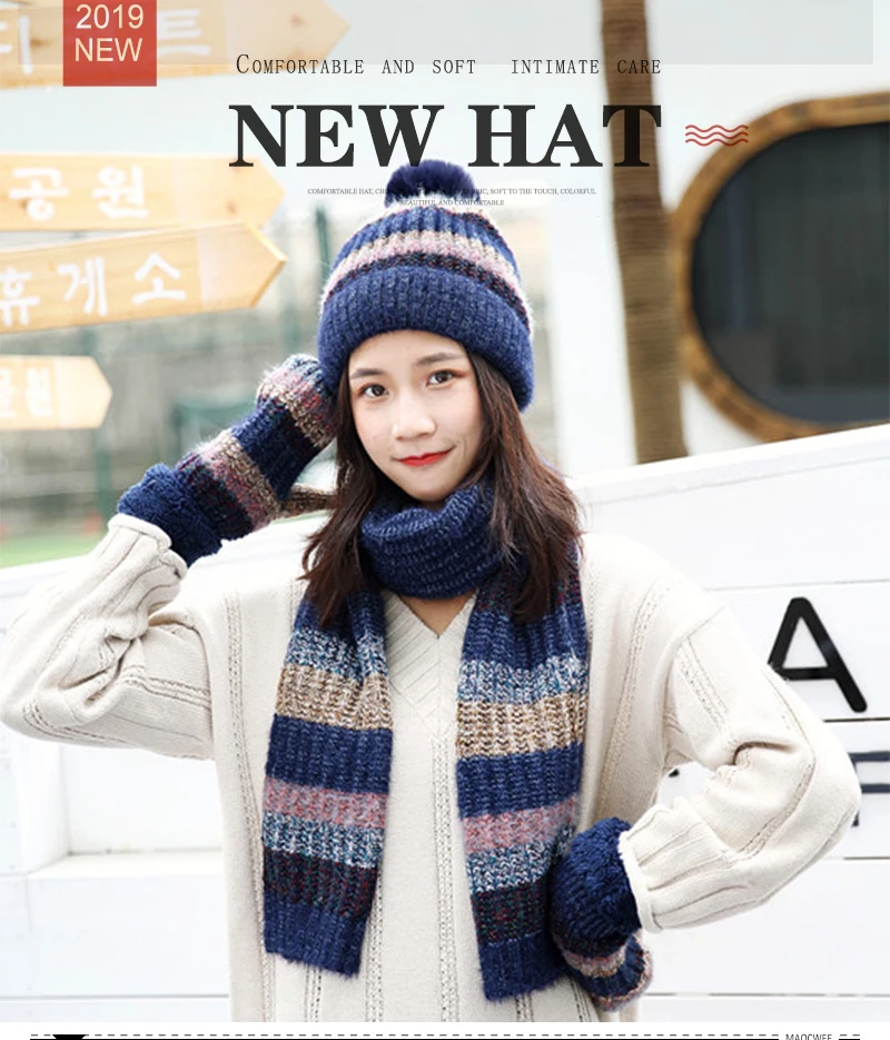 Women's Girl Hat Scarf Glove Set 3 Piece Sets Twist stripes Cap Gorros Bonnet Wool New Beanie Skullies Knitted Winter Hats
