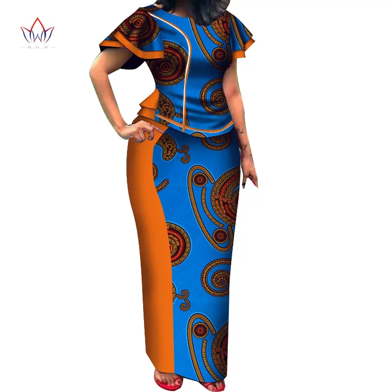 Осенняя Женская одежда в африканском стиле, комплект из топа и юбки, с круглым вырезом, Bazin Riche, короткий рукав, размера плюс, вечернее платье, Naturl 5xl WY3712 - Цвет: 15