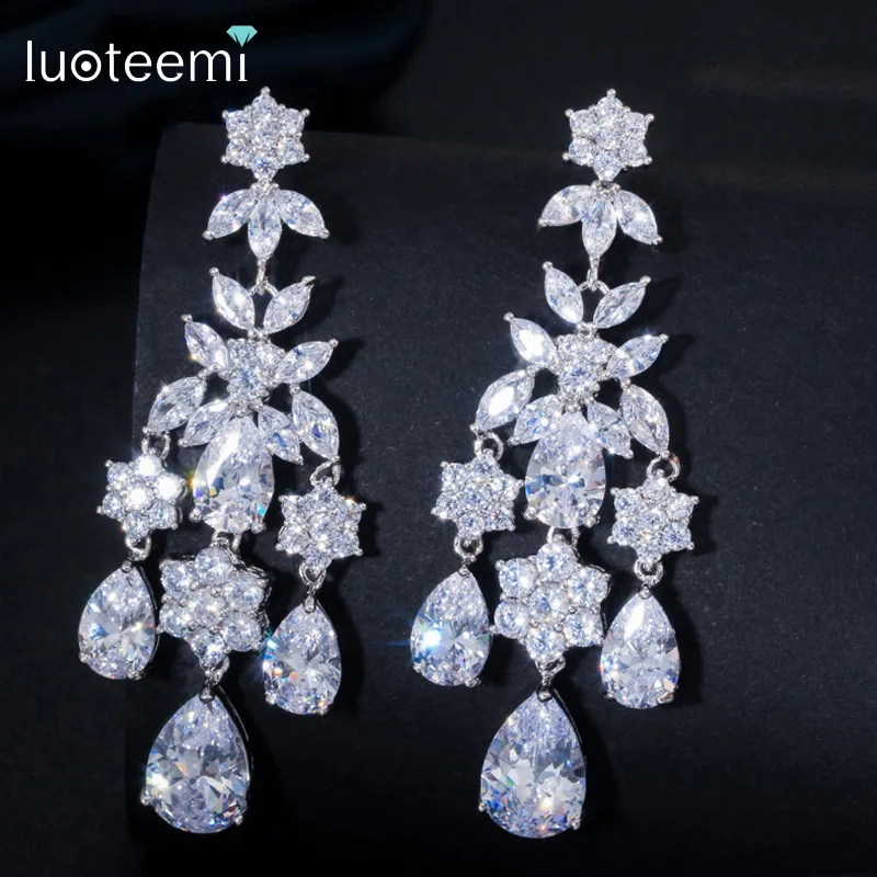 LUOTEEMI 2015 Elegant Chandelier Shape Cubic Zirconia Crystal Big Earrings Women Lady Fashion Wedding Party Jewelry | Украшения и