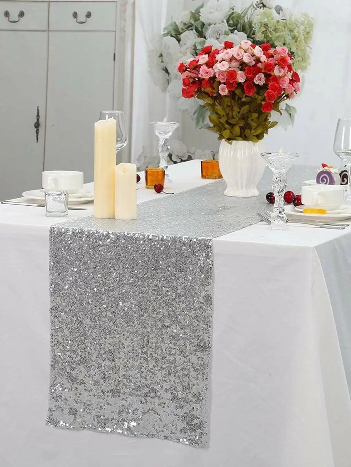Серебряная скатерть с блестками 14x108 дюймов|sequin linen|sequin table clothtable cloth |