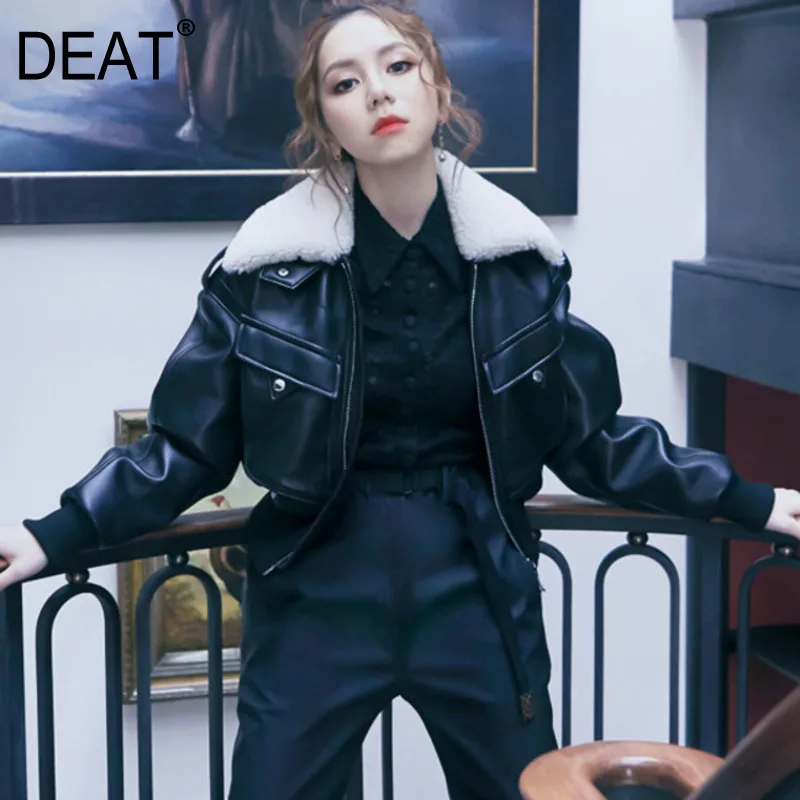 DEAT, одноцветная, с меховым отворотом, длинный рукав, короткая, тонкая, искусственная кожа, куртка для женщин, повседневная, простая, модная, осень, новинка, TV672