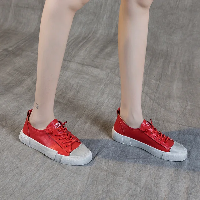 2021 High Quality Full Genuine Leather Sneakers Women Casual Shoes Flat Thick-soled Lace-up Trend Shoes Sneakers Black Red White 5