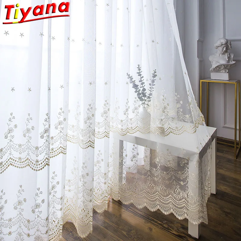 

Gold Line Flower Embroidery Curtain Tulle Bottom Exquisite Lace Window Drapes for Living Room Elegant Light Sheer Voile WH130#30