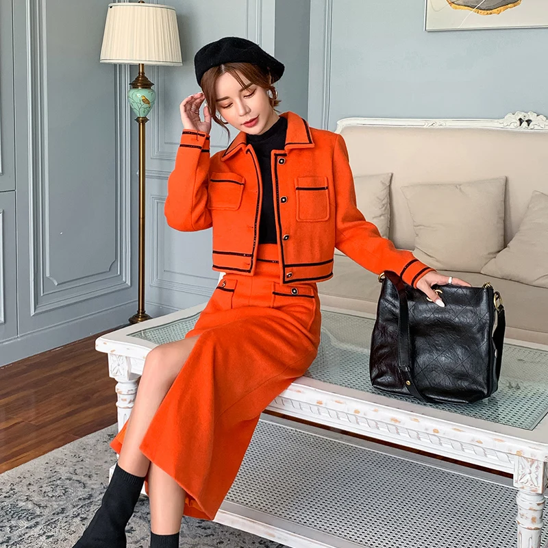 HAMALIEL, новинка, подиумный Модный комплект из двух предметов, зимнее женское оранжевое твидовое короткое пальто с блестками+ шерстяное облегающее длинное платье с разрезом, комплект с юбкой
