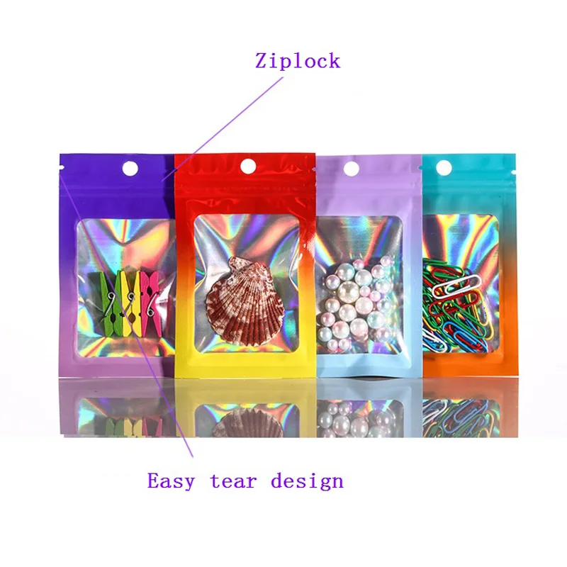 

1000Pcs/Lot Laser Ziplock Bag Cosmetic Packaging Self Sealing Bag Clear Holographic Jewelry Thick Aluminum Foil Zip Lock Bags
