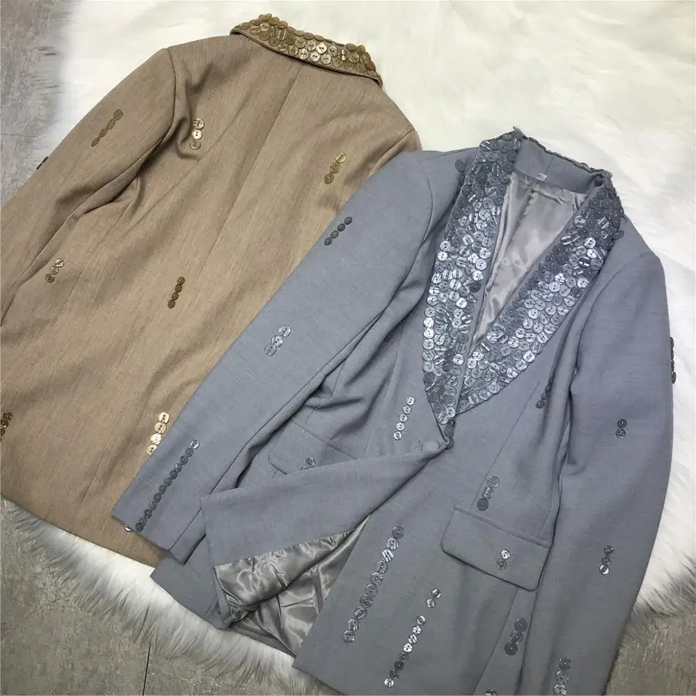 

women fall news high-end Handmade button decoration casual blazer slim fashion jacket gray camel colors