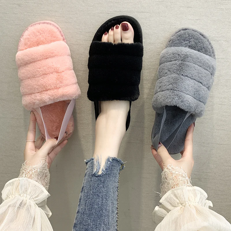 

Flock Low Luxury Slides Shoes Women Slippers Fur Loafers Designer Soft Plush 2019 Flat Basic Rome Rubber Women's