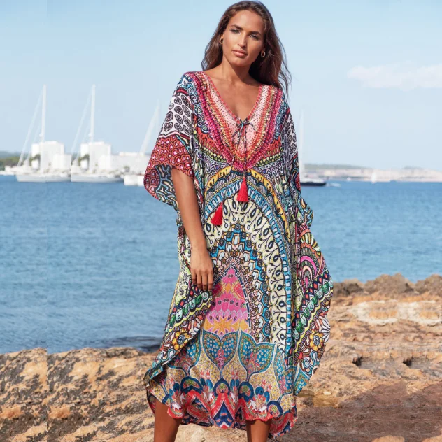2022 Moroccan Kaftan Bohemian Printed Summer Dress Long Tunic Women Plus Size Beach Wear Swim Suit Cover Up Robe de plage
