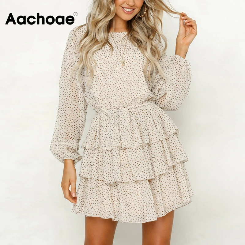 Aachoae Women Dot Print Chiffon Mini Dresses Summer O Neck Cascading Ruffle Dress Long Sleeve Back Hollow Out Boho Party Dress Aachoae Women Dot Print Chiffon Mini Dresses Summer O Neck Cascading Ruffle Dress Long Sleeve Back Hollow Out Boho Party Dress
