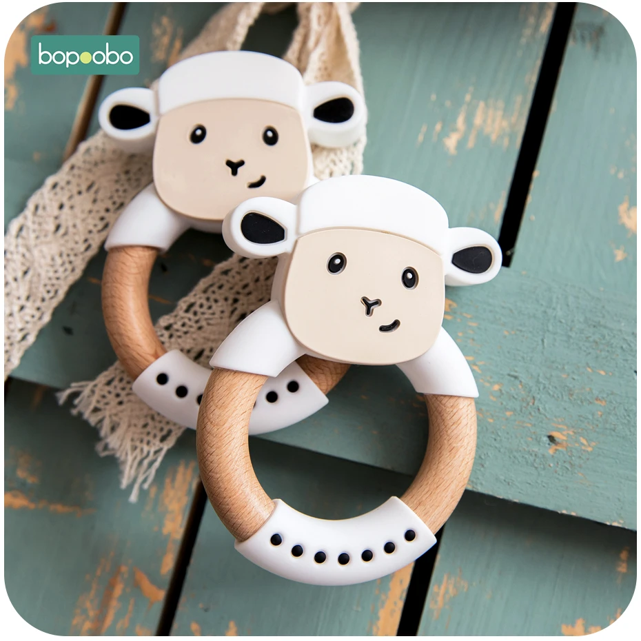 

Bopoobo 5pc Baby Teethers Food Grade Silicone Sheep Beech Wooden Ring DIY Baby Cart Pendant Accessories Nursing Chewable Teether
