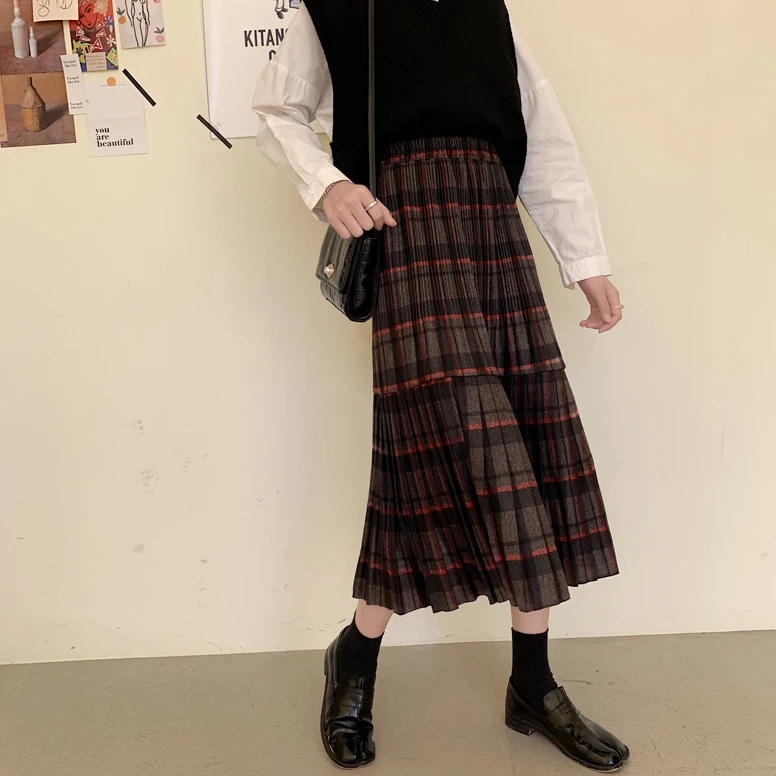 Женская Клетчатая Шерстяная Юбка в стиле ретро Harajuku, свободная плиссированная юбка с высокой талией, женская простая облегающая трапециевидная юбка для женщин