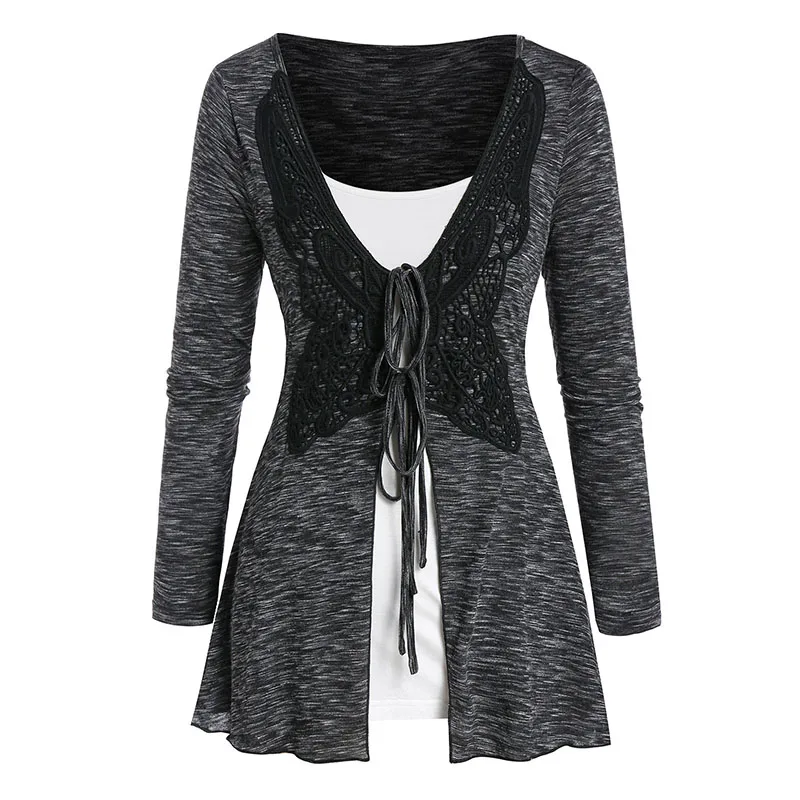 

ROSEGAL Large Size Space Dye Tied T-Shirt And Top Women Set Scoop Neck Lace Ties Sexy Fall T-Shirts Long Sleeve Tunic Tops