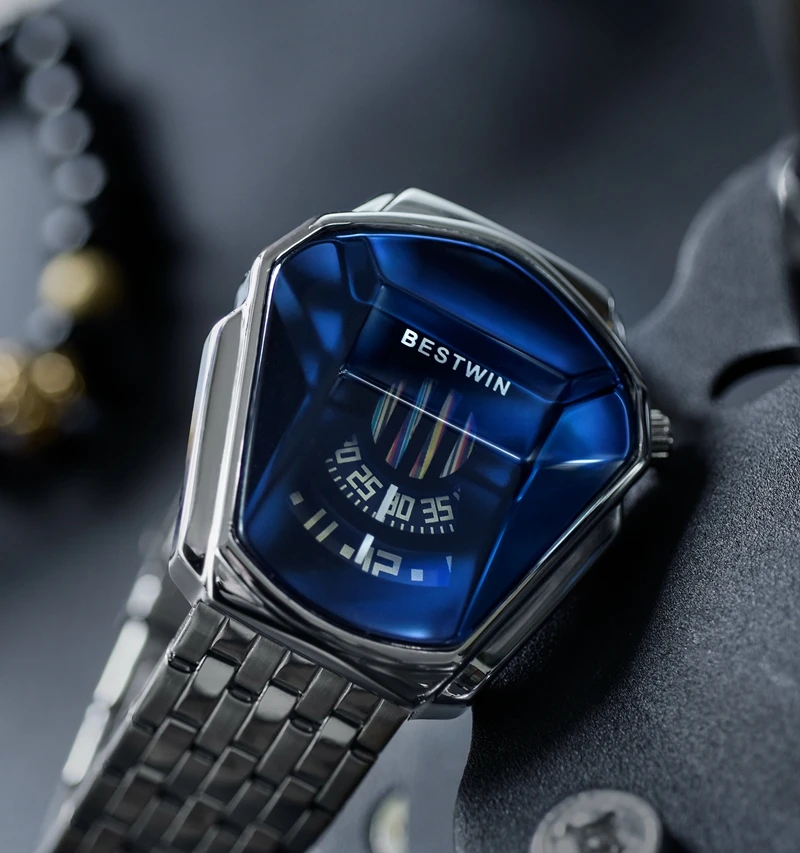 BESTWIN Fashion Cool Locomotive Mens Quartz Watches Brand Luxury Gold Wristwatch Waterproof Geometric Shape Relogio Masculino