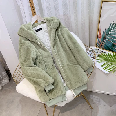 Bean green Пальто из искусственного меха с капюшоном больших размеров, зимняя куртка, женская модная парка, толстое теплое зимнее пальто для женщин, женские свободные куртки из искусственного меха - Цвет: Bean green