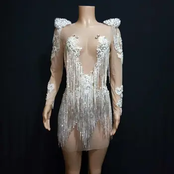 

pearl Rhinestones Fringes Dress Stage Wear Transparent elastic mesh Singer Evening Performance Tassel Evening dress short Dress