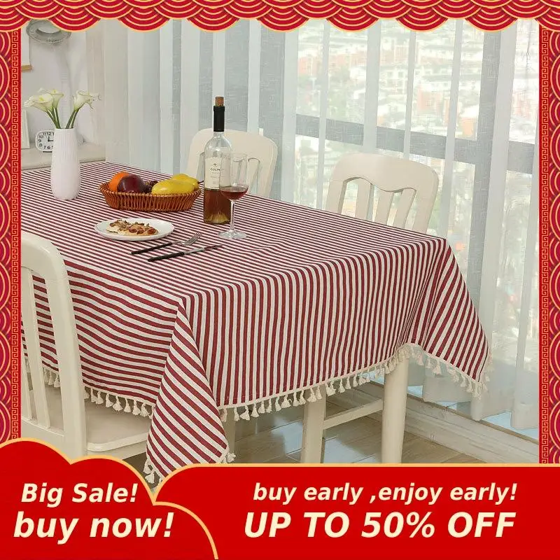 Декоративная льняная скатерть MIHE с кисточками водонепроницаемая маслостойкая