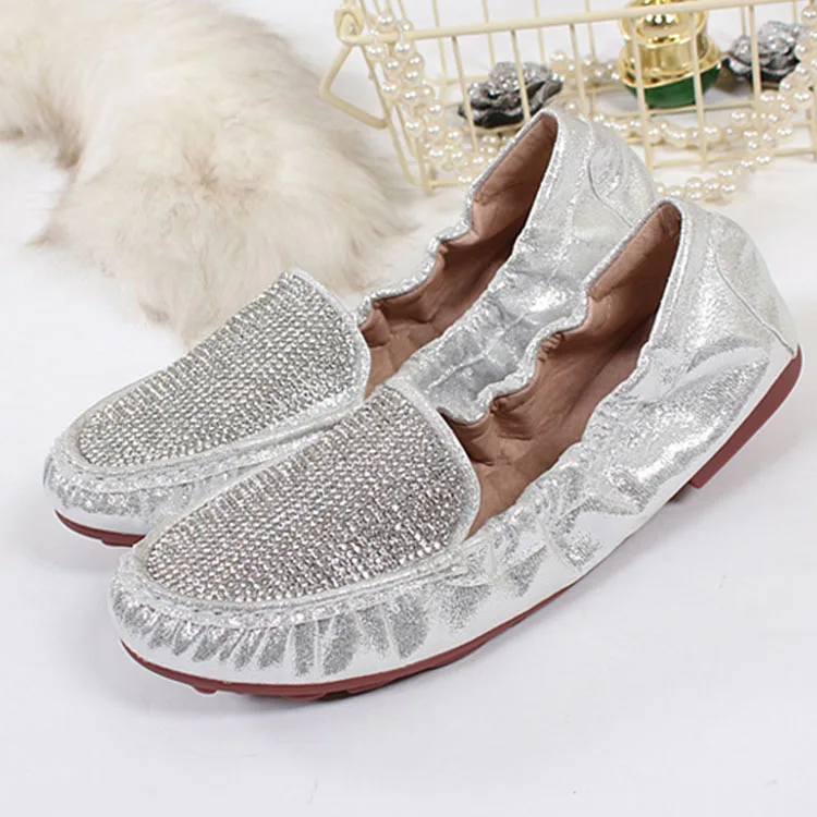 

Spring Crystal Flat Shoes Rhinestones Ladies Slip On Loafers Women Gold Silver Ballet Flats Summer Breathable Soft Single Shoes