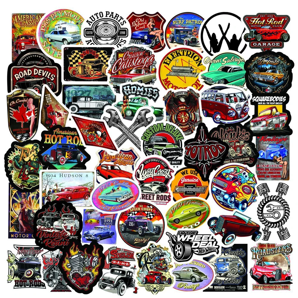 50pcs Hotrod Vintage Car Stickers For Laptop Notebook SiutCase Scrapbooking Material Christmas Sticker Craft Supplies