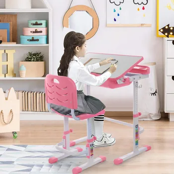 

Children's table Height Adjustable Study Desk And Chair Set Pull Out Drawer With Tilted Desktop Children's table and chair