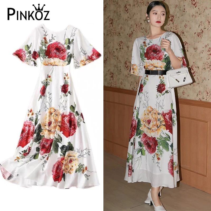 Pinkoz Vestido largo de verano de manga corta con estampado de flores rojas,  cinturón para mujer, ropa de fiesta informal, elegante|Vestidos| -  AliExpress