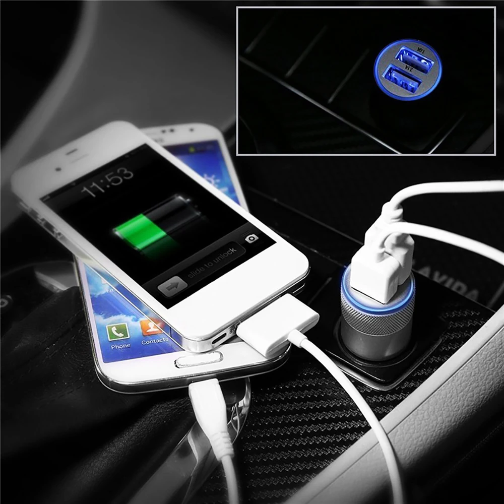 Адаптер в прикуриватель с 2 USB портами и LED подсветкой (DC 5V 2.1/1 А)|Зажигалка| |