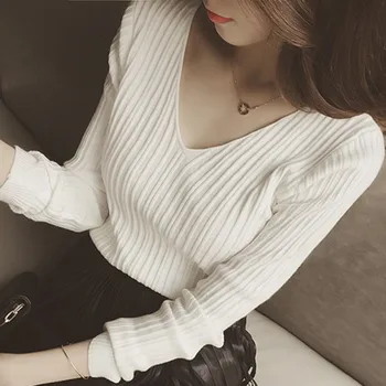 

New V Neck Sweater Knitted Fashion Womens Sweaters 2019 Winter Tops For Women Pullover Jumper Pull Femme
