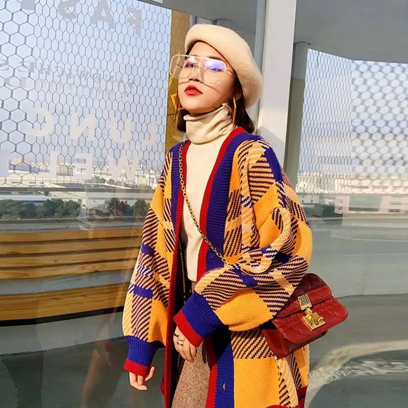 

Medium length thick knitted cardigan women's coat autumn and winter lazy style retro loose sweater women