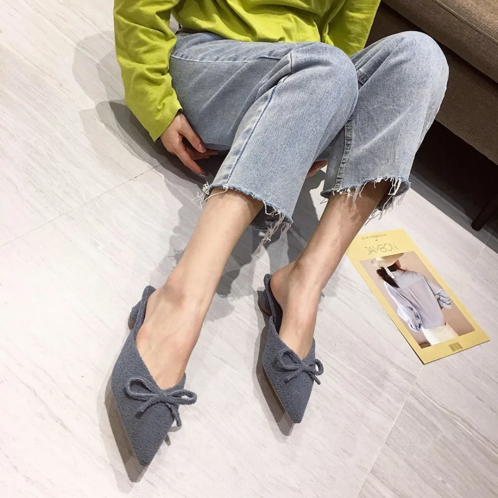 Famous Designer bow-knot wool mules shoes woman pointed toe furry slippers winter low heels shallow curl fur flip flops slides