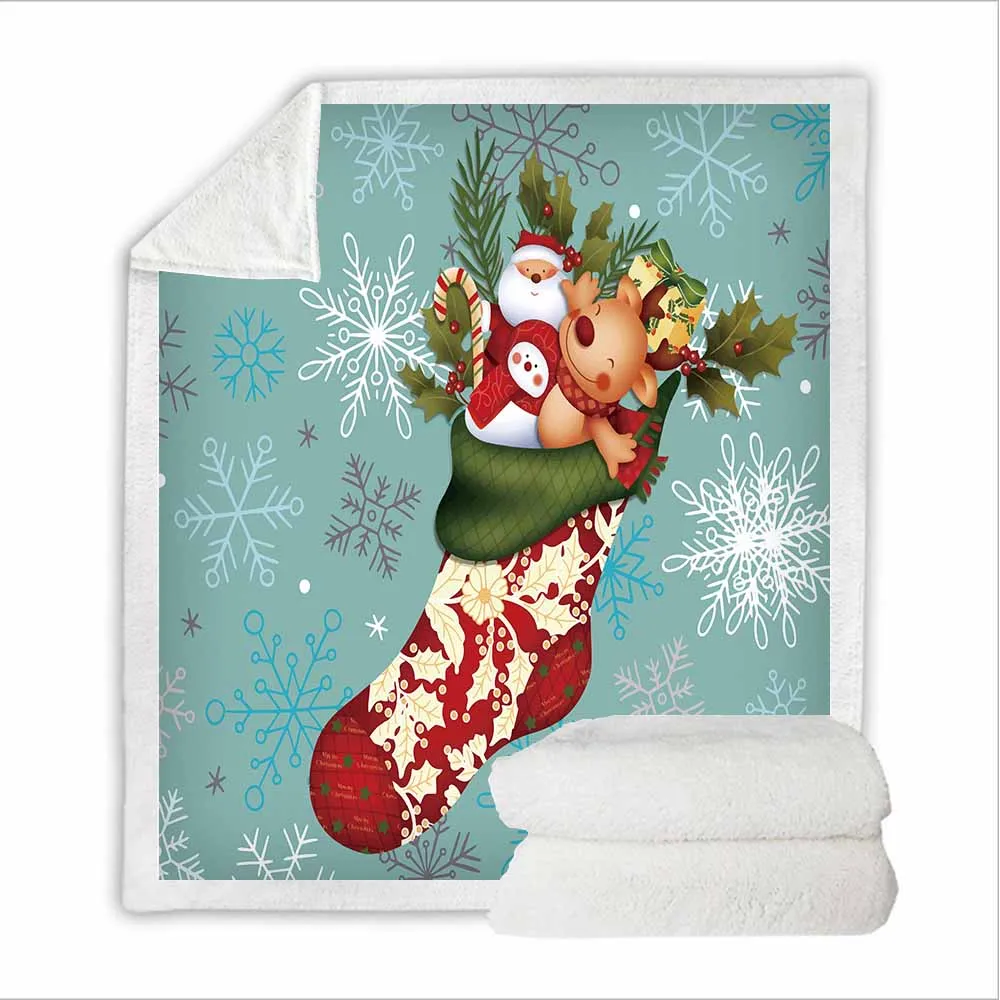 Winter Christmas Stocking Holly Snowflake Blanket Cover Soft Warm Plush Sherpa Throw Blankets for Beds Sofa the Comfy TV Blanket