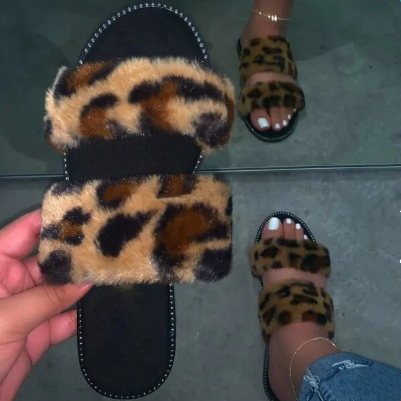 

Leopard Durable Sandals Outdoor Wild Fashion Beach Flat Flip Flop Fox Fur Spring Summer New 2020 Women Home Furry Slippers