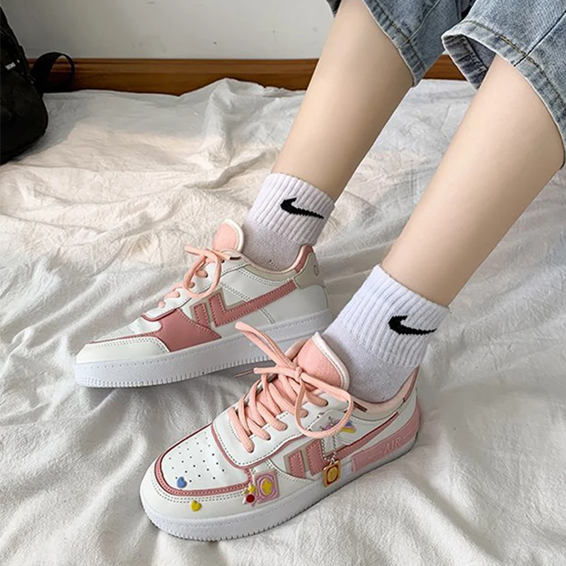 Women's Sports Shoes PU Breathable Lace-up Running Shoes Thick-soled Increased Vulcanized Shoes Flat Casual Shoes Single Shoes