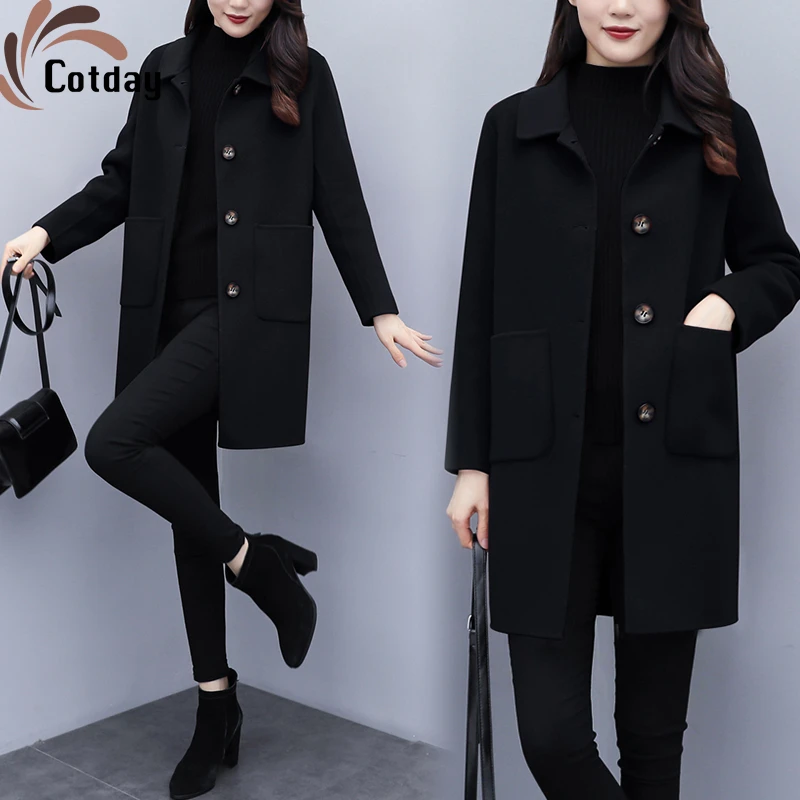 

Cotday Solid Loose Casual Women Wool Blends Trench Coat Female Elegant Outerwear Autumn Thin Cardigan Cashmere Overcoats