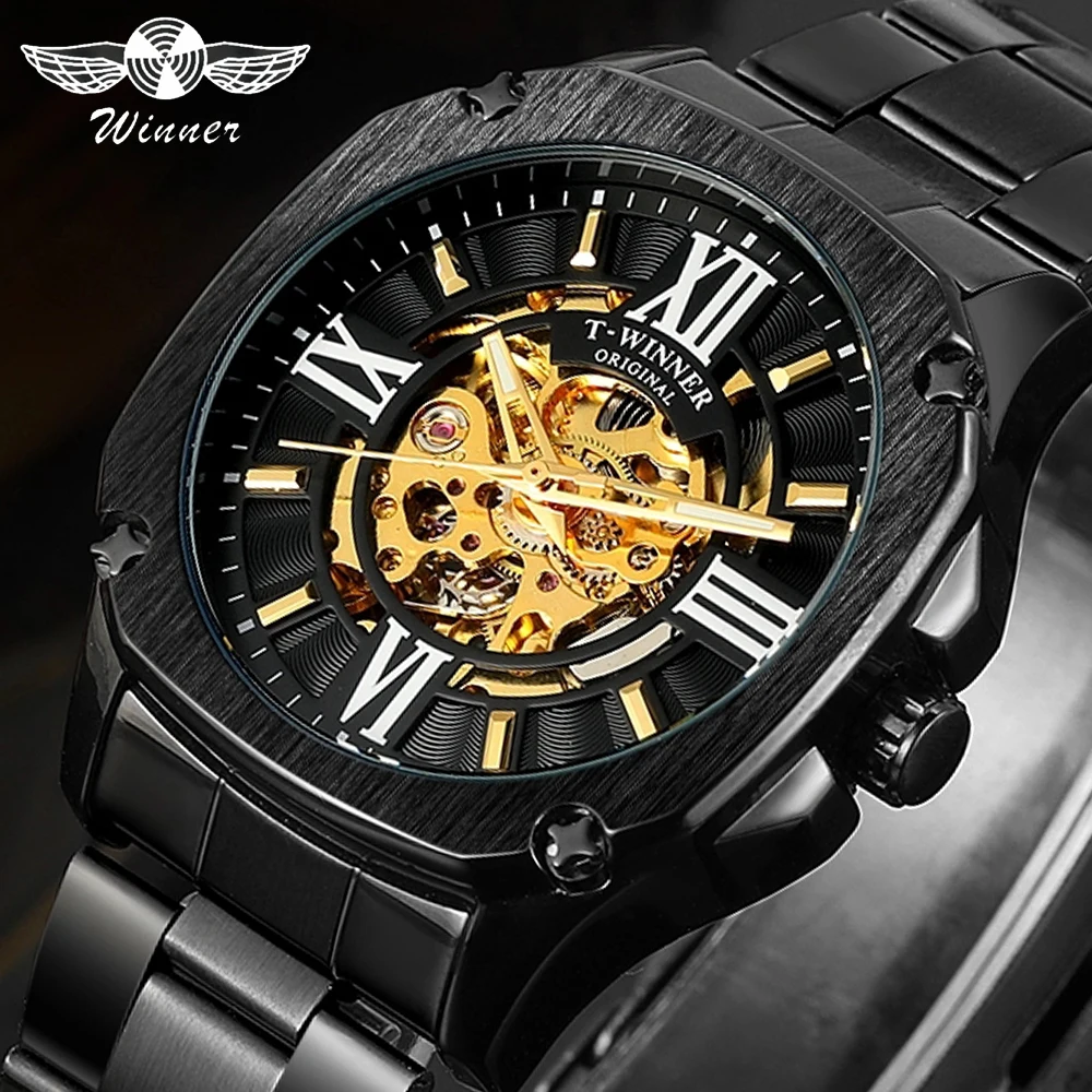 

Winner Men's Mechanical Watch Retro Golden Skeleton Square Automatic Skeleton Stainless Steel Belt Gentleman Wrist Watches Clock