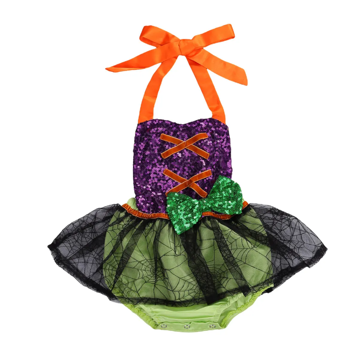 

Baby Fashion Bodysuit, Sequins Sleeveless Strappy Jumpsuit Spider web Print Lace Patchwork Halloween Bodysuit for 0-24M Girls