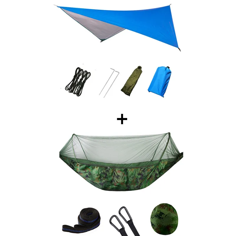 Blue and camouflage Outdoor Portable Hammock with Mosquito Net and Rain Fly Camping Backpacking Bug Hammocks and Netting Parachute Hammock Canopy - Color: Blue and camouflage