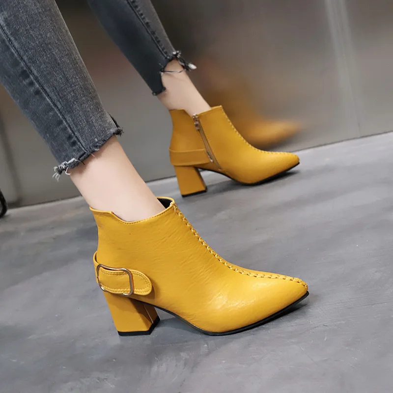 

Martin Boots Women's 2019 Autumn And Winter New Style Versatile Bootie Women's Side Zipper Chunky Heel Pointed High Heels Thin B