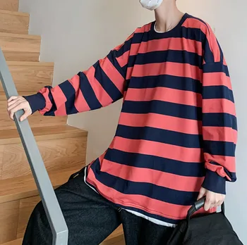 

2020 Spring And Autumn New Youth Pop Fake Two-piece Striped Loose Sweatshirt Fashion Casual Wild Round Neck Pullover M-2XL