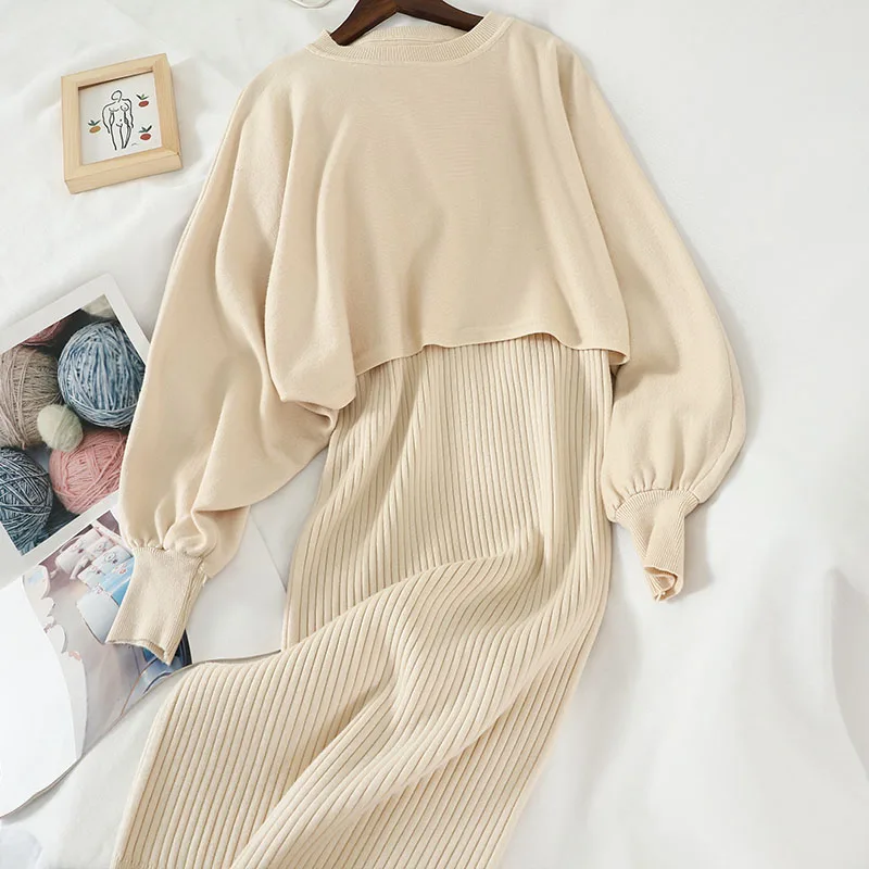 Mooirue Women Two Piece Outfits Winter Kintted Vintage Streetwear O Neck Pullover Sweater +v Solid Dress 2 Set | Женская одежда
