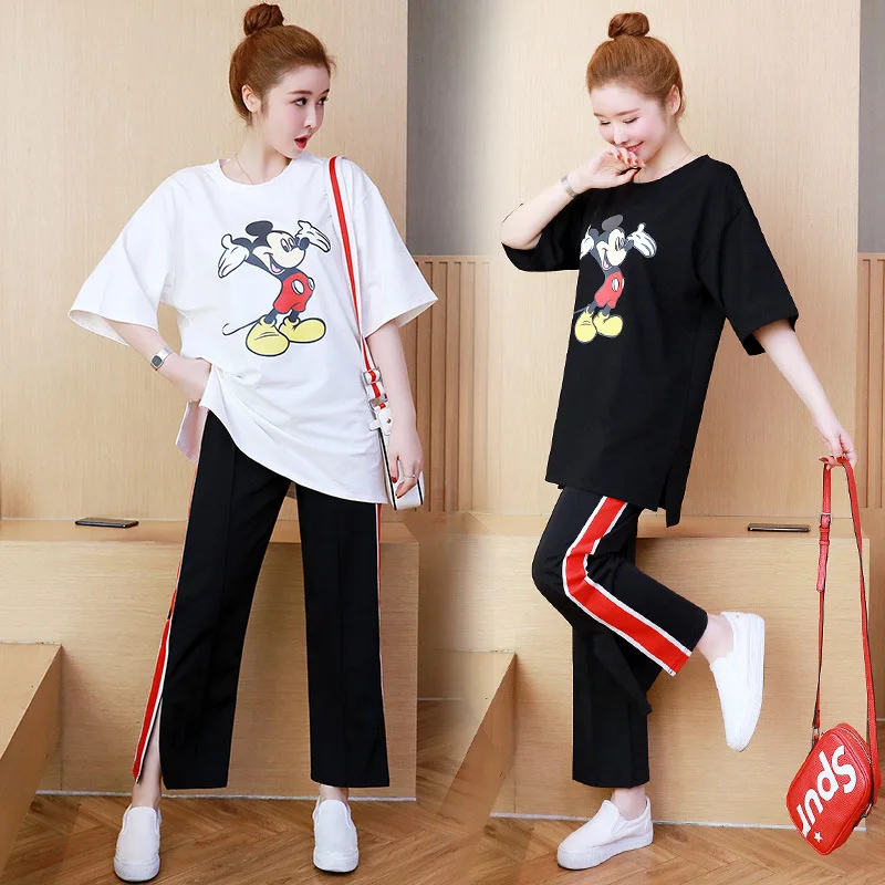 

2019 Spring And Summer Korean-style Loose-Fit Medium-length Pregnant Women Set Cartoon Pattern Tops Webbing Joint Wide-Leg Mater