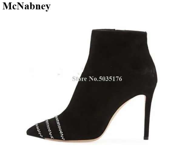 

McNabney Women Short Boots Rhinestone Slip-On Pointed Toe Stiletto Heel Ankle High Ladies Boots Fashion Black Sexy Women Shoes