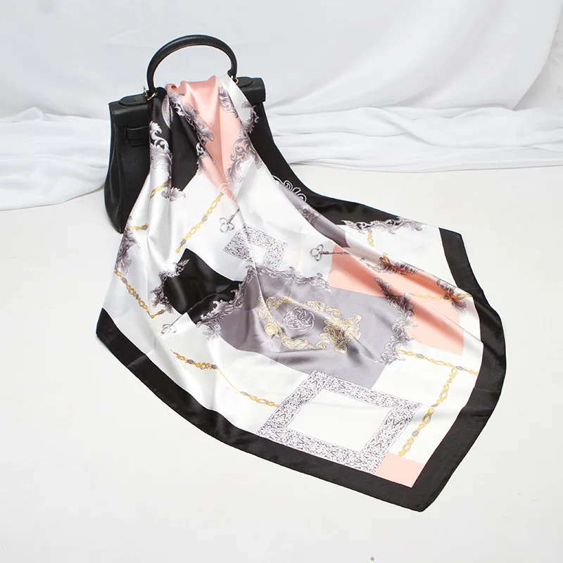 

2019 Winter Silk Satin Hair Scarf For Women Fashion Print Kercheif Hijab Scarfs Female 90cm Square Shawls and Wraps Neck Scarves