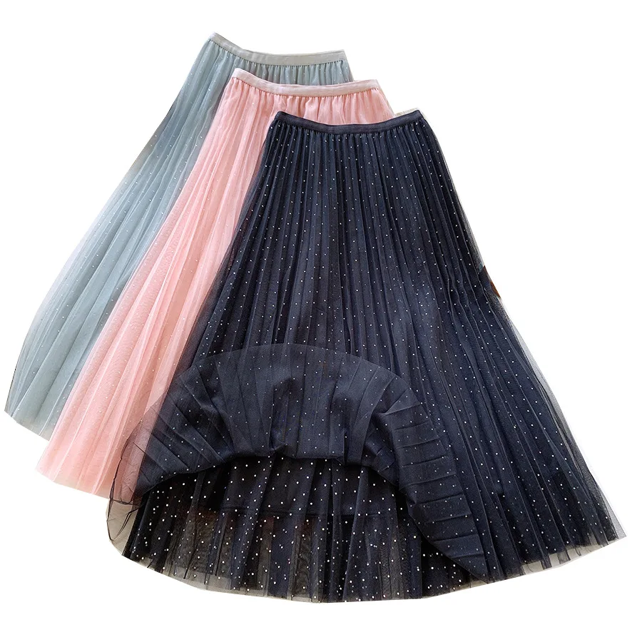 

2020 Fashion Women's Mesh Pleated Stars Sequined Skirt Girls Women's Summer Long A-Line High Waist Polka Dot Skirt