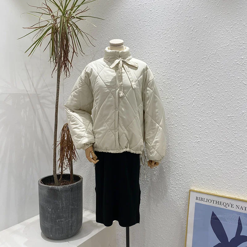 Mooirue, зимняя корейская парка Harajuku, пальто с бантом, винтажная уличная одежда, алмазное тиснение, ватные куртки с высоким воротом, пальто