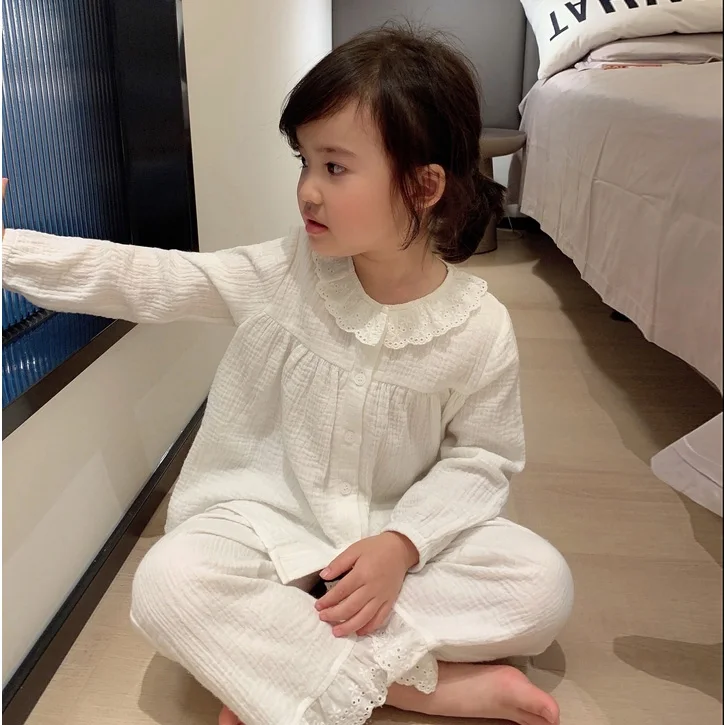 Cute Kid Girl's Lolita Round Neck Cotton Crepe Pajama Sets Toddler Kid's Cardigan Pyjamas Set Home Sleepwear Children's Clothing