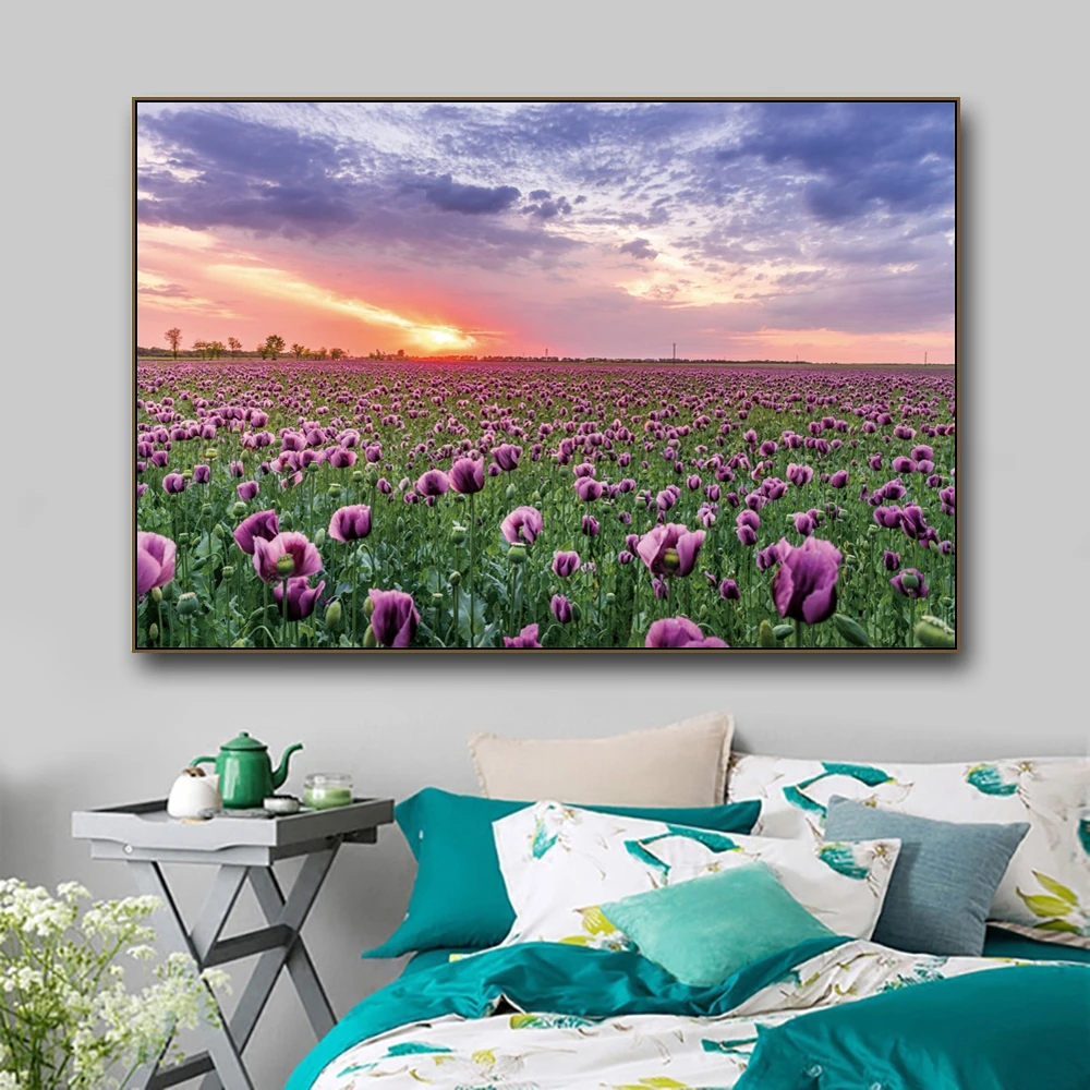 

Laeacco Blue Sky Purple Flower Canvas Painting Nature Landscape Posters And Prints Art Wall Picture Living room bedroom Decor