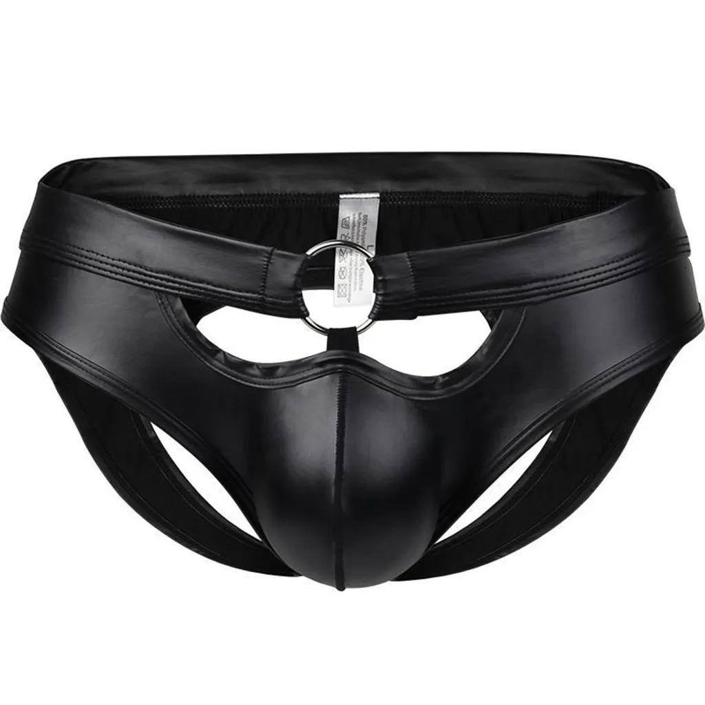 Faux Leather Mens Briefs Sexy Underwear Penis Pouch Pu Hollow Open Butt Backless Jockstrap Erotic Underpants Panties Stage Wear mens bikini briefs