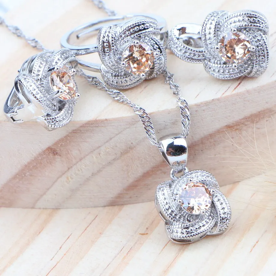 Циркониевый свадебный ювелирный набор серебро 925 драгоценный камень серьги кольца ожерелье свадебный набор украшений для женщин аксессуары - Окраска металла: Orange